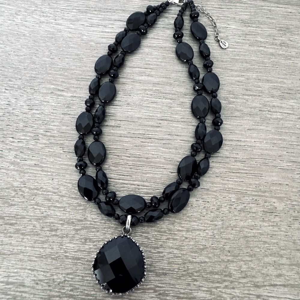 Barse Black Onyx Double Strand Pendant Statement Necklace